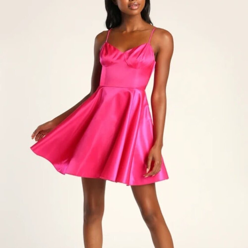 Lulu's Pretty for the Party Hot Pink Satin Bustier Skater Mini Dress